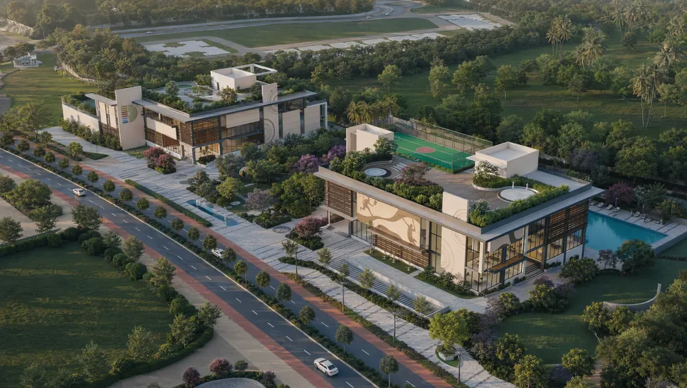 Aerial view of the District 25 clubhouse with pool and rooftop courts, artistic impression