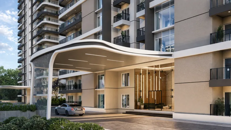 Curved canopy over a tower drop-off porch