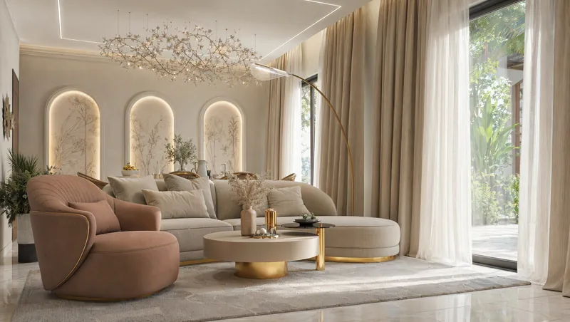 Living room with curved sofa, arched niches and floor-to-ceiling curtains