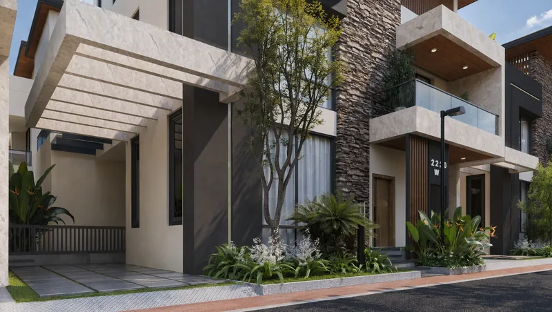 Villa frontage with pergola, stone cladding and planting