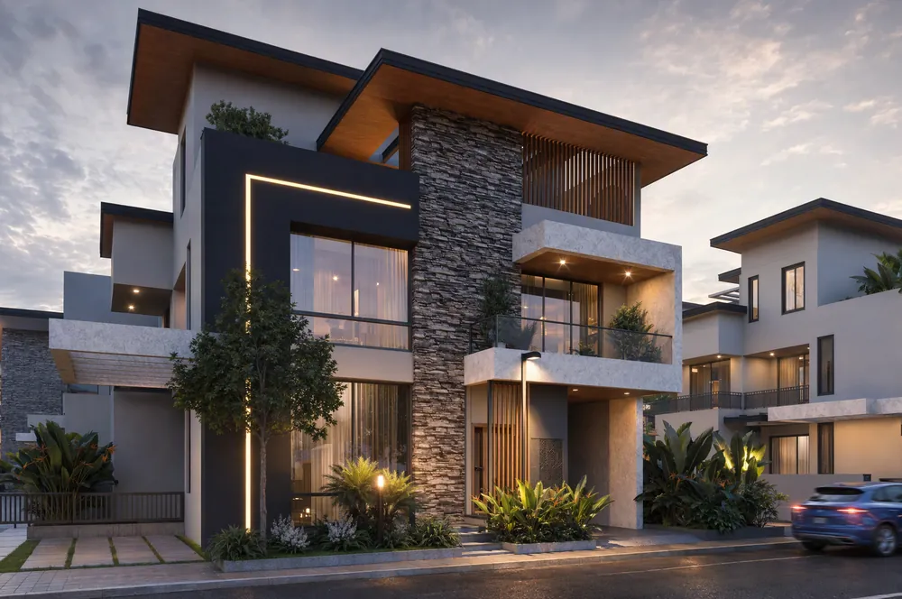 Ellegenza Purple Crest villa with stone-clad facade at dusk, artistic impression