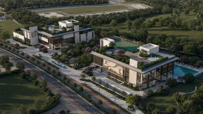 Aerial view of the District 25 clubhouse with pool and rooftop courts, artistic impression