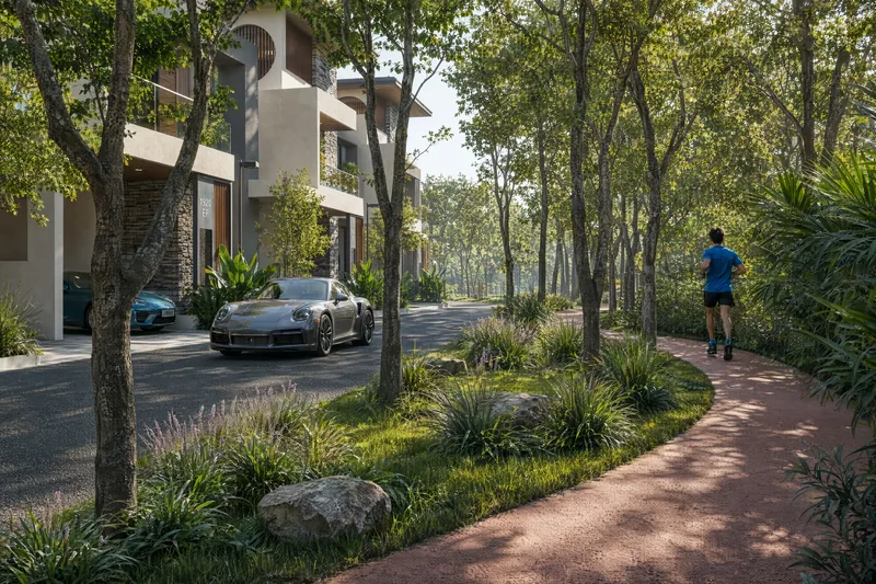 Tree-lined nature trail beside the villas