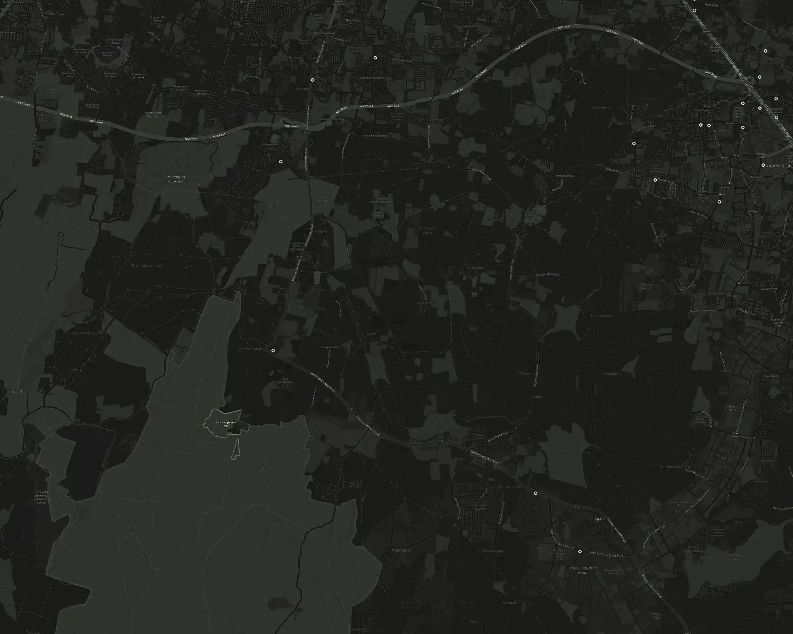Map of Bannerghatta and nearby landmarks: Bannerghatta Circle, Koli Farm Gate, Greenwood High, Gottigere, Jigani